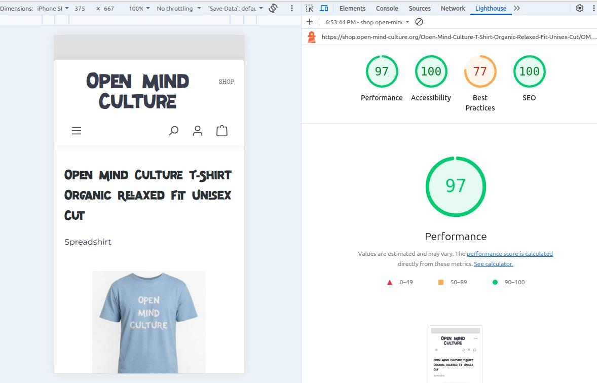 Screenshot: Lighthouse audit of the shop's product detail page with 97 of 100 points