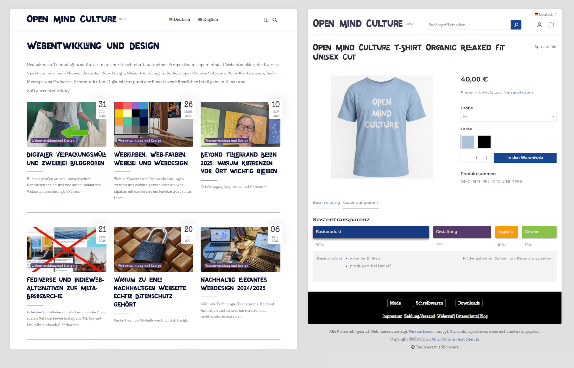 Screenshot of the product detail page with cost transparency chart, compared to the blog overview as its style template